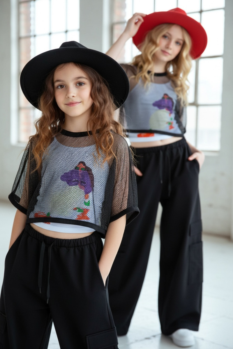 Komplet 3częściowy dziewczęcy Projektantka top+bluzka siatka+spodnie