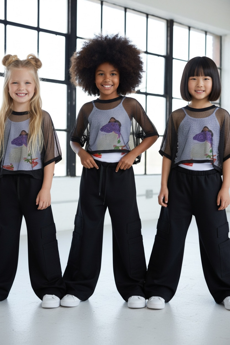 Komplet 3częściowy dziewczęcy Projektantka top+bluzka siatka+spodnie