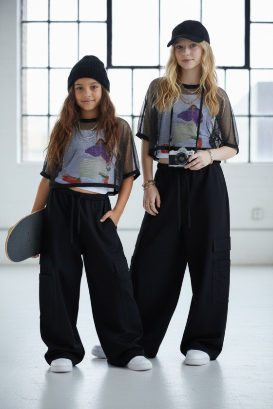 Komplet 3częściowy dziewczęcy Projektantka top+bluzka siatka+spodnie