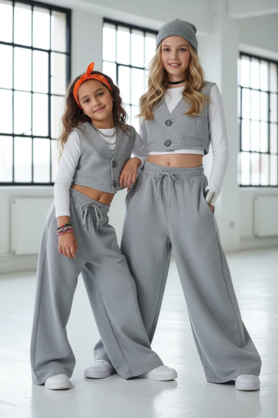 Komplet 3-częściowy Olena kamizeka, biały pasek top, spodnie