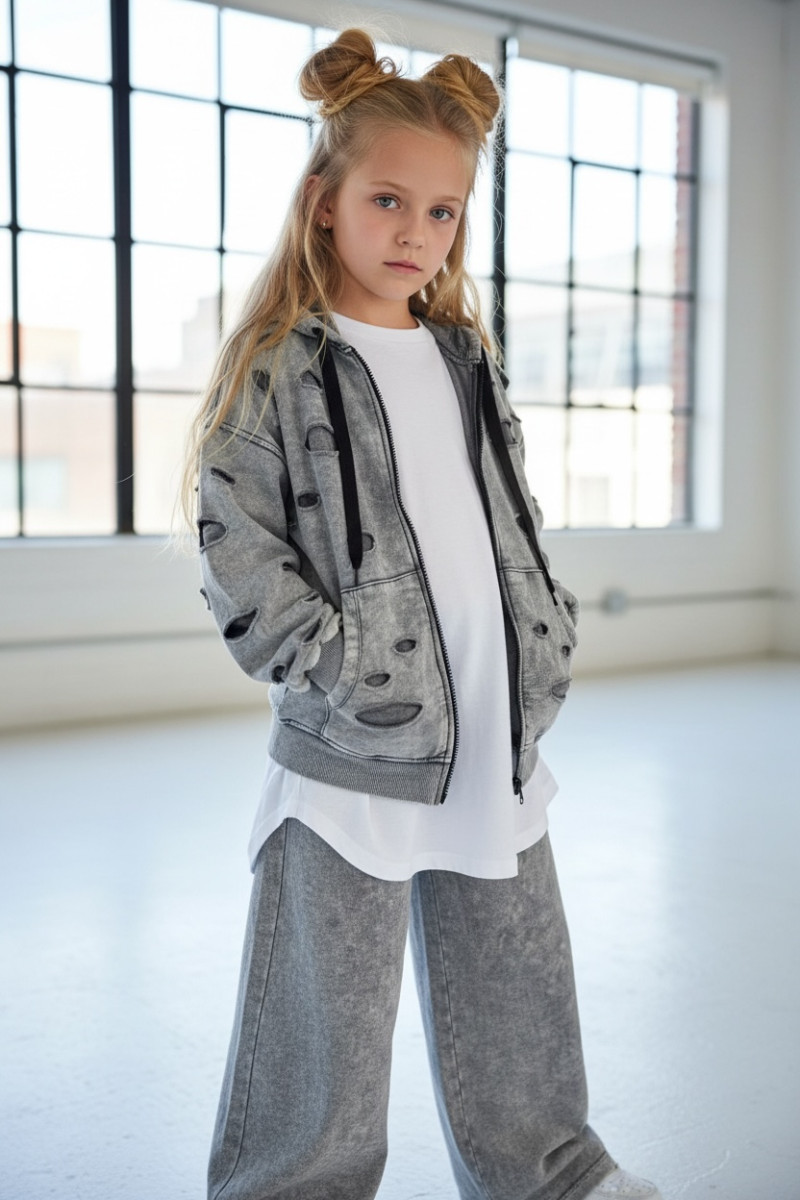 Komplet dla dziewczynki Nelii bluza rozpinana i spodnie jasny szary