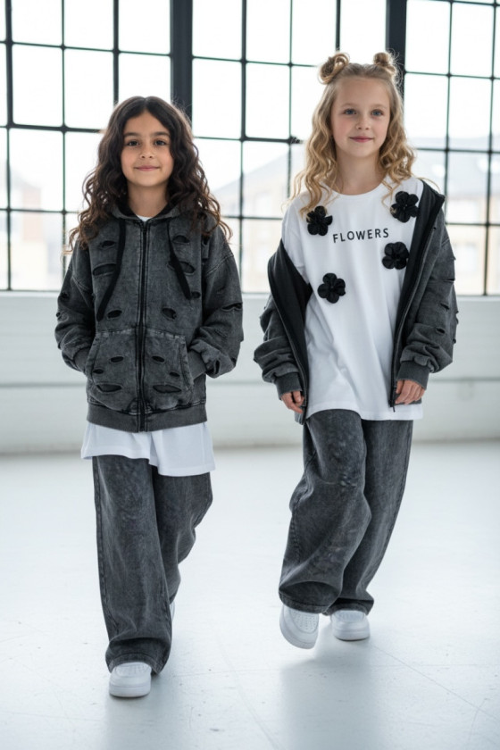 Komplet dla dziewczynki Nelii bluza rozpinana i spodnie Ciemny Szary