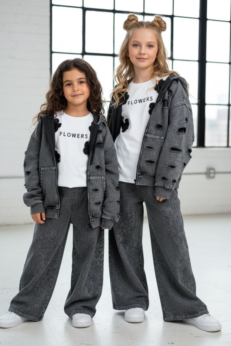 Komplet dla dziewczynki Nelii bluza rozpinana i spodnie Ciemny Szary