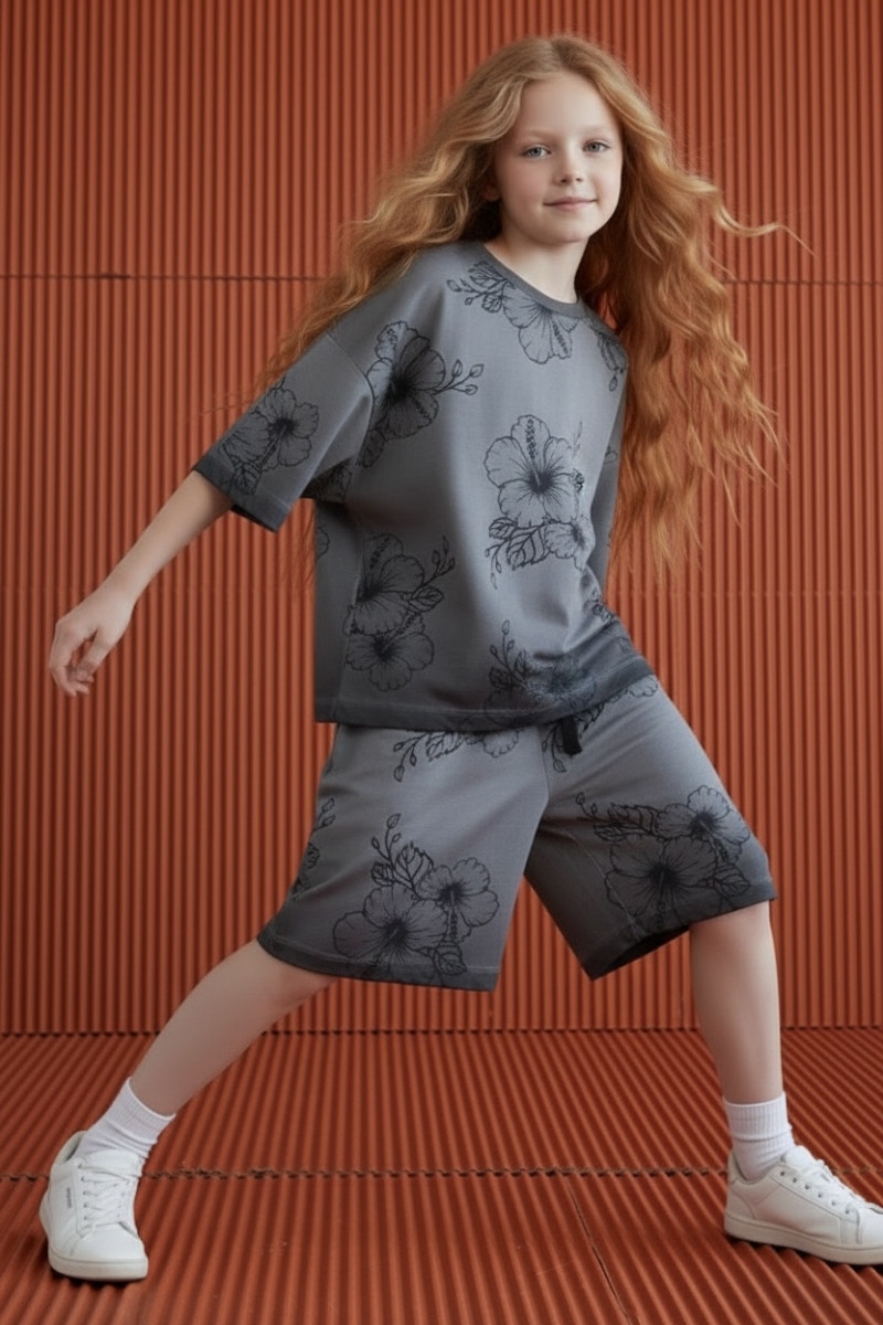 Komplet Hibiskus Grey t-shirt + spodenki