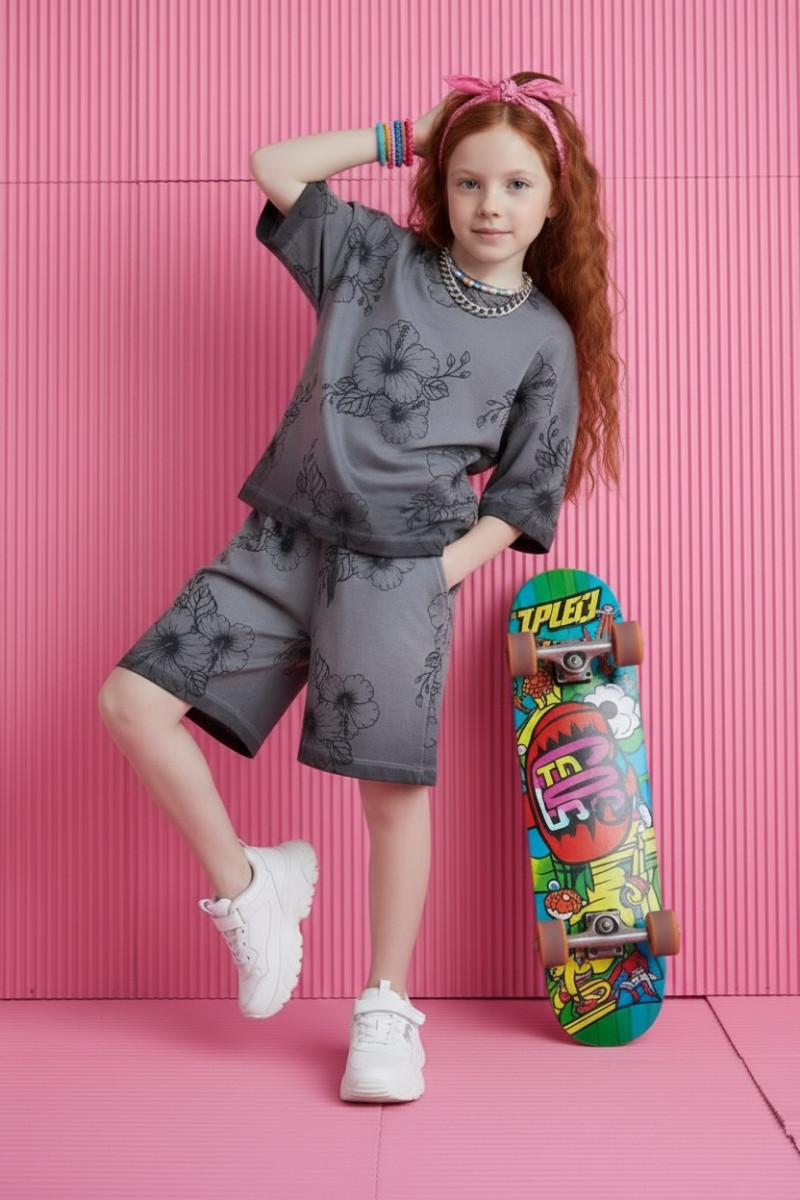 Komplet Hibiskus Grey t-shirt + spodenki
