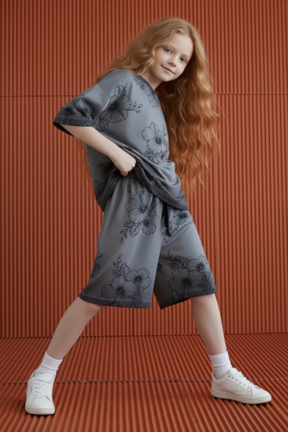 Komplet Hibiskus Grey t-shirt + spodenki