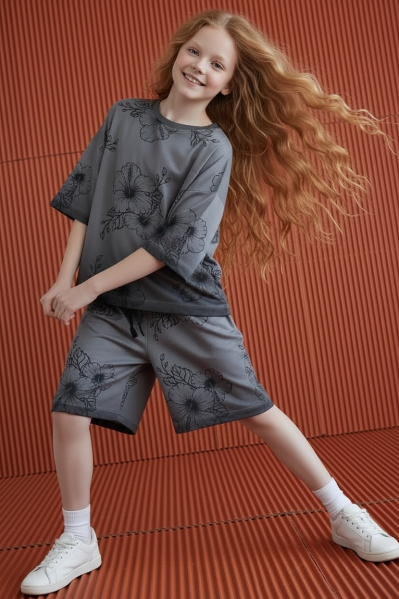 Komplet Hibiskus Grey t-shirt + spodenki